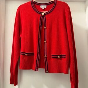 J. Crew Vibrant Red Cardigan with Navy Accents